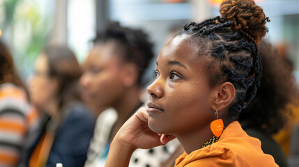 Young teacher listening attentively during a professional development workshop with colleagues 