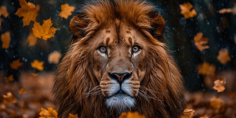 Fototapeta premium portrait of a male lion in autumn forest, maple leaves falling on ground