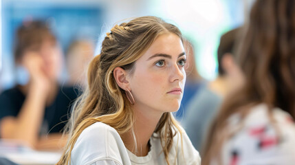 Young teacher listening attentively during a professional development workshop with colleagues 