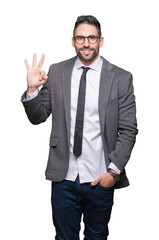 Young handsome business man over isolated background showing and pointing up with fingers number three while smiling confident and happy.