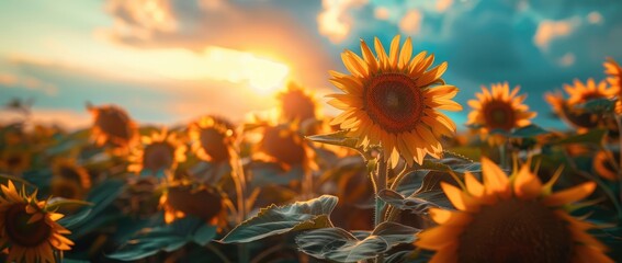 Sunflowers Blooming at Sunset