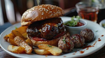 hamburger plate with meatballs and potatoes cheeseburger