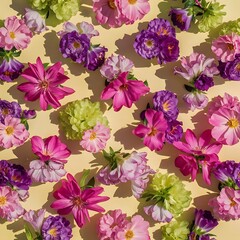 Top view image of pink purple and green flowers composition over pastel yellow background flat lay