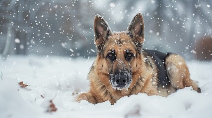 Naklejka premium German shepherd dog rescue dog on snow