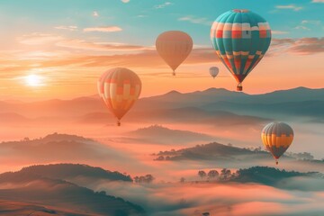 Fototapeta premium Hot Air Balloons Soaring Above a Misty Mountain Landscape
