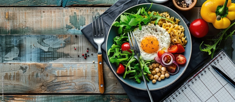 Sticker Vegetarian meal and notebook on kitchen table with copy space image