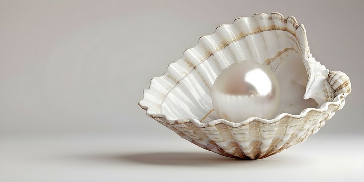 3D rendering of a pearl inside a seashell on a white background. Concept 3D Rendering, Pearl, Seashell, White Background
