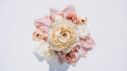 Lone beige peony on white background flat lay top view