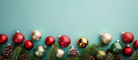 Christmas balls and fir cones arranged beautifully on a copy space image