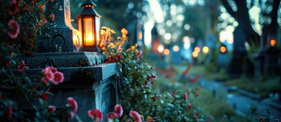 In the public cemetery a tombstone adorned with lanterns and flowers creates a peaceful scene with a copy space image