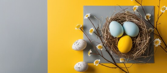 Creative Easter eggs hand painted in trendy colors lie in a nest with flowers on a yellow and gray backdrop A blank greeting card mock up scene highlights the minimalistic concept with copy space ima