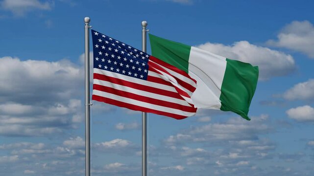 Nigeria and USA flags flying together, video concept of the relationship, two country relations concept