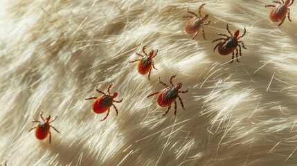 Several ticks of Ixodes ricinus and Rhipicephalus sanguineus crawl on a white dog fur tick invasion after walking the dog pets bring dangerous parasites into the apartment