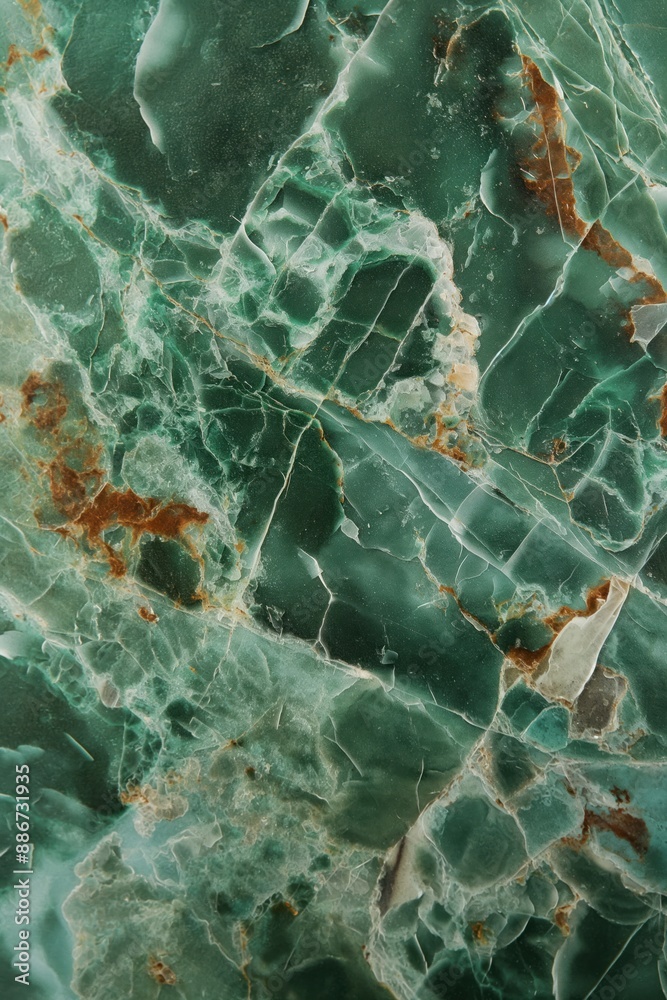 Poster Green marble surface with brown spots texture. Close-up view of stone pattern on blurred background. Ideal for design, decoration, and architecture projects.