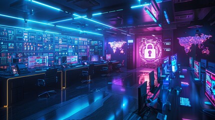Digital Fortress Cyber Security Command Center with RealTime Breach Monitoring and Holographic Lock Projection