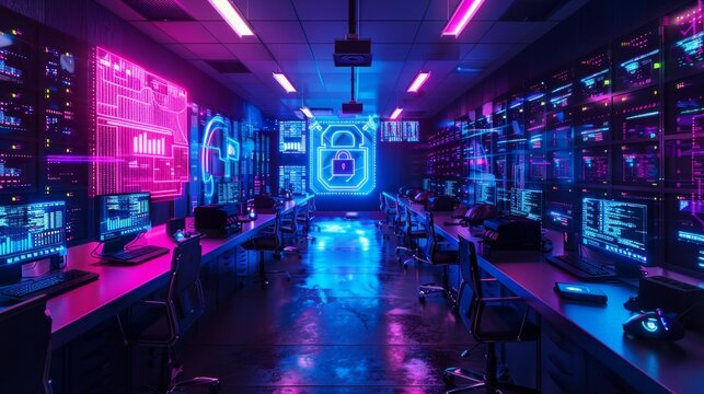 Digital Fortress Cyber Security Command Center with RealTime Breach Monitoring and Holographic Lock Projection
