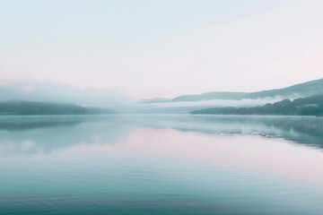 Fototapeta premium Tranquil Misty Lake at Dawn with Reflective Water and Soft Pastel Colors