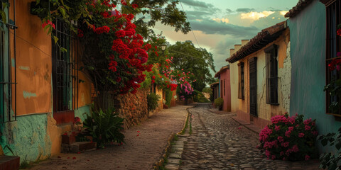 Fototapeta premium Charming Cobblestone Street in Quaint Village with Colorful Houses and Bougainvillea Flowers