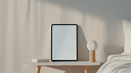  iPad mockup with a white screen  on the nightstand in minimalistic bedroom