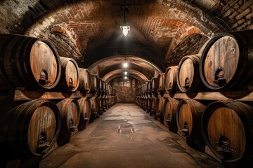 Old wine cellar interior features wooden barrels oak barrels dimly lit room warm glow gray tiles rustic charm tranquility relaxation wine storage aged barrels corks wine bottles vintage atmosphere