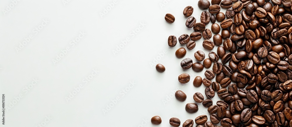 Wall mural Top view of a coffee themed quote created with roasted coffee beans against a white background perfect for adding text in the copy space image