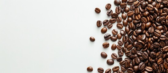 Top view of a coffee themed quote created with roasted coffee beans against a white background perfect for adding text in the copy space image