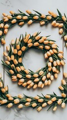 Frame wreath made of yellow tulip flowers on marble background flat lay