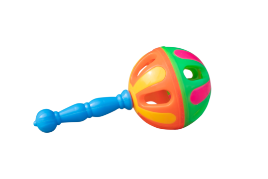 baby rattle toy It is brightly colored and has a bell sound.