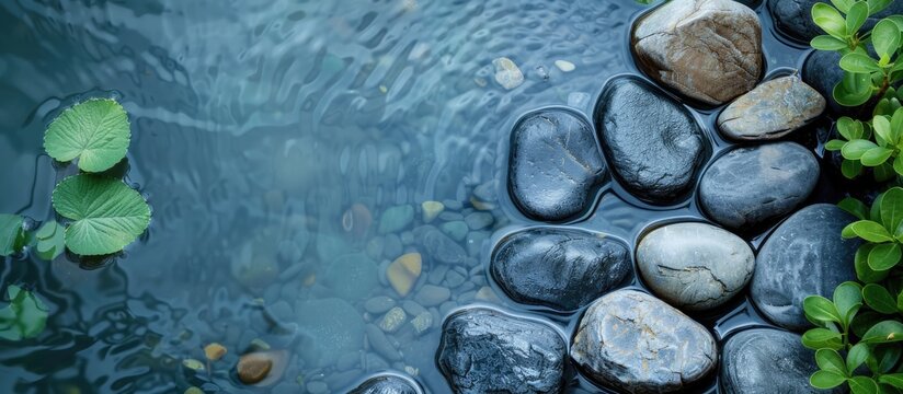 Top view of stones in water featuring a serene Zen vibe with ample copy space image