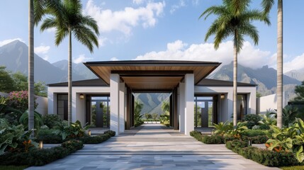 Modern tropical villa entrance with palm trees and mountain backdrop, showcasing luxurious architecture in a serene setting.