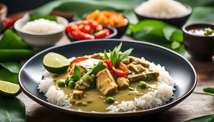 Green curry with rice and other Thai food on the table
