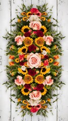 Festive flower composition on the white wooden background overhead view