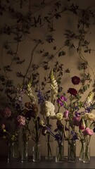 Beautiful flowers in glass vases on textured wall background