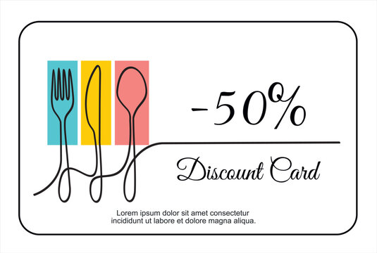 Hand drawn one line vector. Discount card or voucher fast food restaurant or delivery service, template design with one continuous linear food and drinks composition