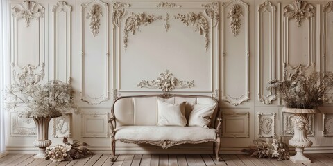 Elegant White Interior Design with Ornate Wall Panels and a Plush Sofa