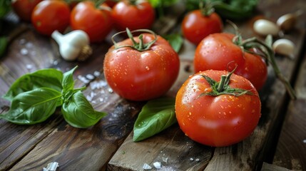 Organic tomatoes and garlic on a rustic wooden table, surrounded by fresh green leaves.