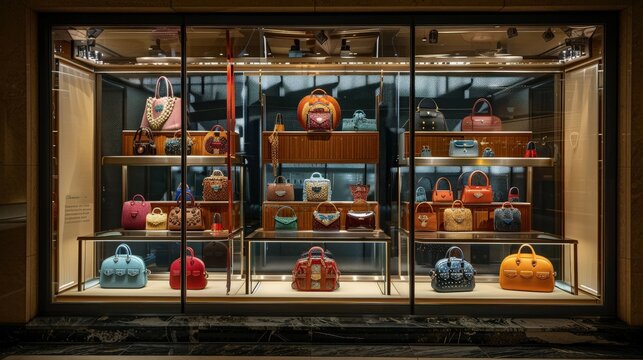 A display window of a high-end boutique, showcasing the latest designer handbags and accessories