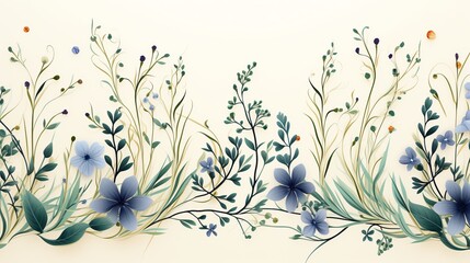 Elegant watercolor floral border with blue flowers and green leaves on a cream background.