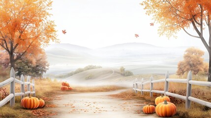 Idyllic Country Lane in Autumn - Watercolor Illustration with Pumpkins and Colorful Leaves Scattered, Serene Background