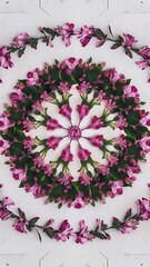 Flat lay floral pattern made of pink alstroemeria leaves and petals on white background top view
