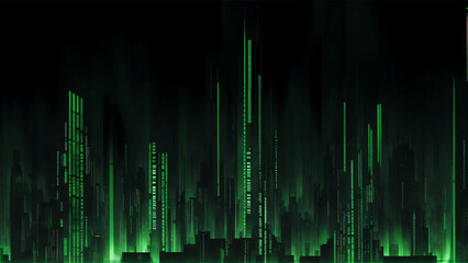 a green abstract digital city with a black background