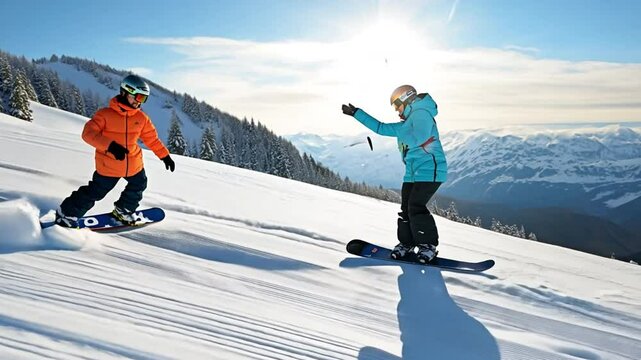 A couple snowboarding on a sunny day at a premier ski resort