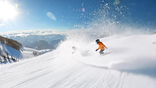 A couple snowboarding on a sunny day at a premier ski resort