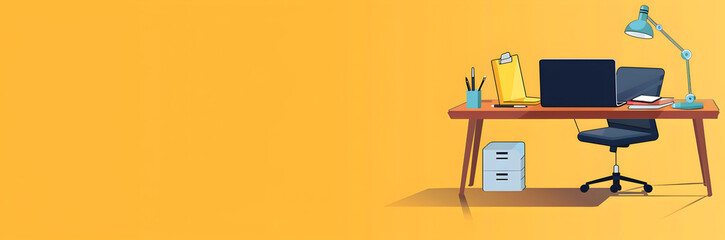 Office desk cartoon banner. Cartoon desk with laptop and stationery on yellow background.