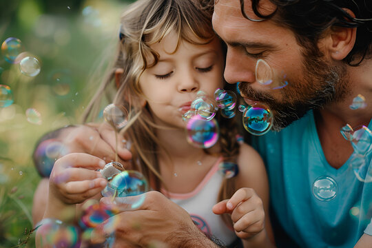 Father and daughter blowing bubbles together on a sunny day in the park, Parents' Day