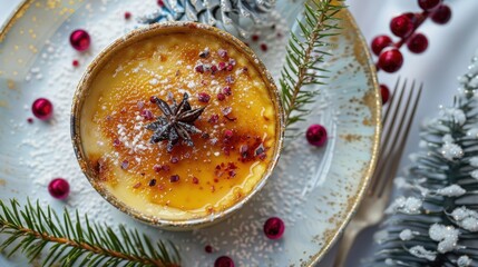 Festive creme brulee dessert topped with star anise and surrounded by winter decor, perfect for holiday celebrations.