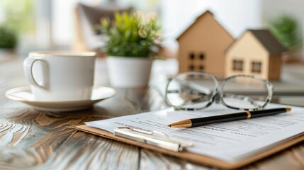 Digital Real Estate Transactions Tablet Screen with Verification Forms and Wallpaper Patterns on Wooden Table