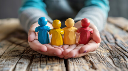 Hands holding a group of colourful game pieces symbolizing a diverse and multicultural community. Diversity, equality and inclusion concept. 