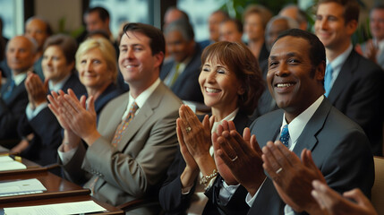 Enthusiastic Audience Applauding in a Business Setting Highlighting Positive Reception and the Impact of Effective Presentations and Achievements in Professional Environments
