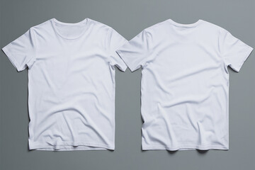 Two white t-shirts placed side by side against a gray background